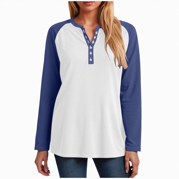 larppty Womens Long Sleeve Tops Color Block Button V Neck T Shirts Loose Fit Tunic Blouses (Sky Blue, M)