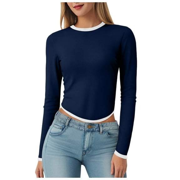 larppty Womens Long Sleeve Tops Color Block Crewneck Slim Fit Shirts Going Out Casual Fall Basic Tees (Navy, XS)