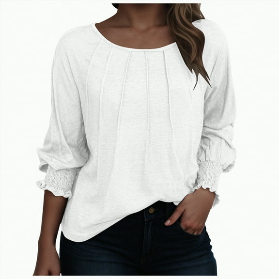 larppty Womens Long Sleeve Tunic Tops Fall Fashion Loose Fit Dressy Tops Pleated Front Crewneck Shirts Business Casual Clothes Outfits (White, XXL)