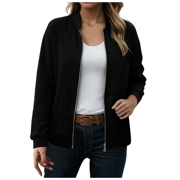larppty Womens Long Sleeve Zip Up Jacket Outfits Crewneck Casual Bomber Coat Lightweight Sweatshirts Fashion Y2k Clothes (Black, XL)