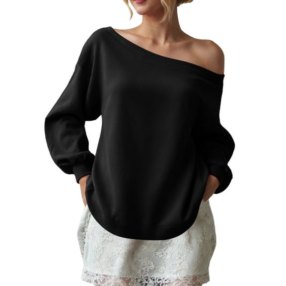 larppty Womens Loose Fit Sweatshirt Off Shoulder Long Sleeve Pullover Top Oversized Shirt Basic Slouchy Clothes 2025 (Black, XL)