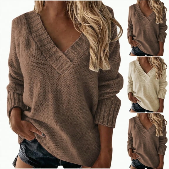 larppty Womens Loose Sweaters Sexy V Neck Long Sleeve Solid Knitted Jumper Pullover Sweatshirt Tops Winter Fashion (Coffee, XXL)