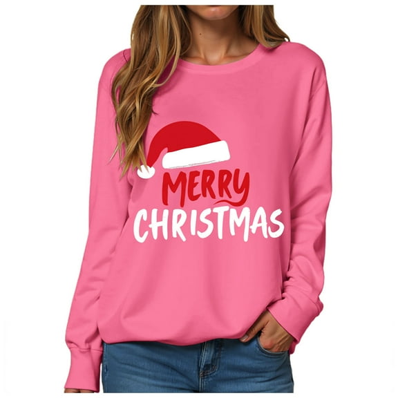 larppty Womens Merry Christmas Sweatshirt Funny Christmas Hat Graphic Pullover Casual Blouse Tops Party Clothes (Hot Pink, S)