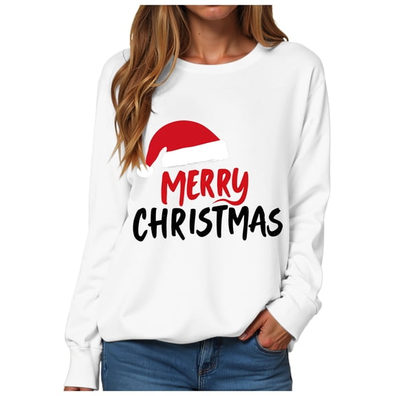 larppty Womens Merry Christmas Sweatshirt Funny Christmas Hat Graphic Pullover Casual Blouse Tops Party Clothes (White, XL)