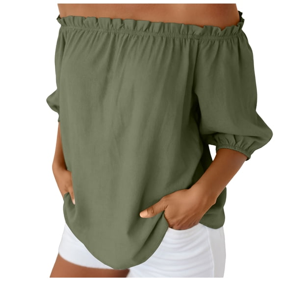 larppty Womens Off Shoulder Tops Linen Cotton Tunic Tops Long Sleeves Ruffle Balloon Sleeve Shirts Summer Casual Blouses(AG, XXL)