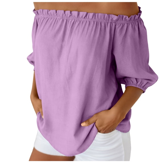 larppty Womens Off Shoulder Tops Linen Cotton Tunic Tops Long Sleeves Ruffle Balloon Sleeve Shirts Summer Casual Blouses(Purple, M)