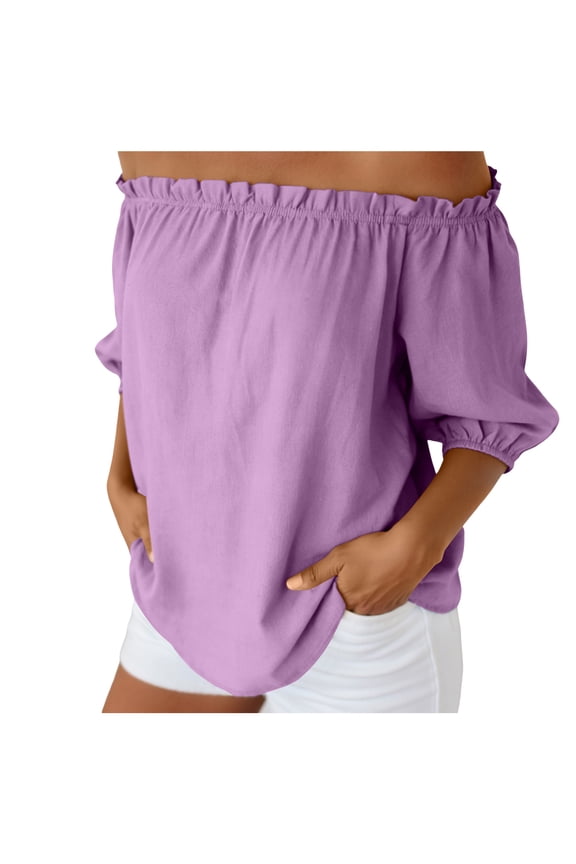 Womens Off Shoulder Tops Linen Cotton Tunic Tops Long Sleeves Ruffle Balloon Sleeve Shirts Summer Casual Blouses(Purple, XL)