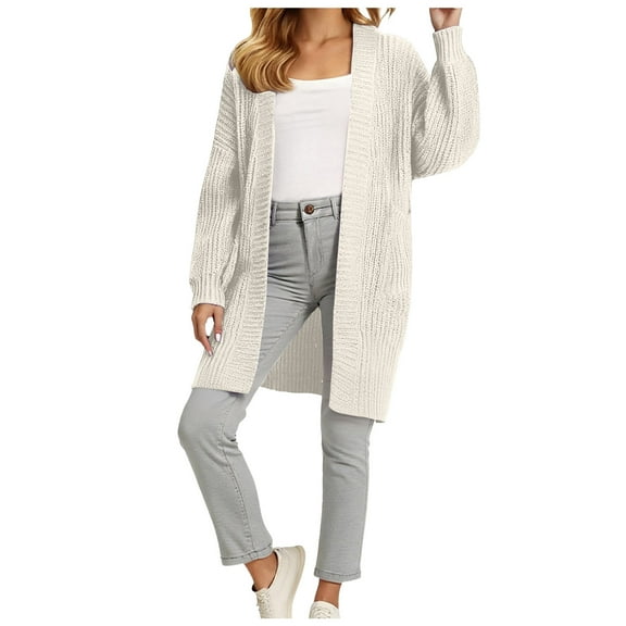 larppty Womens Open Front Cardigan Waffle Knit Long Sleeve Sweaters Tops Fall Coat Outerwear with Pockets (White, L)