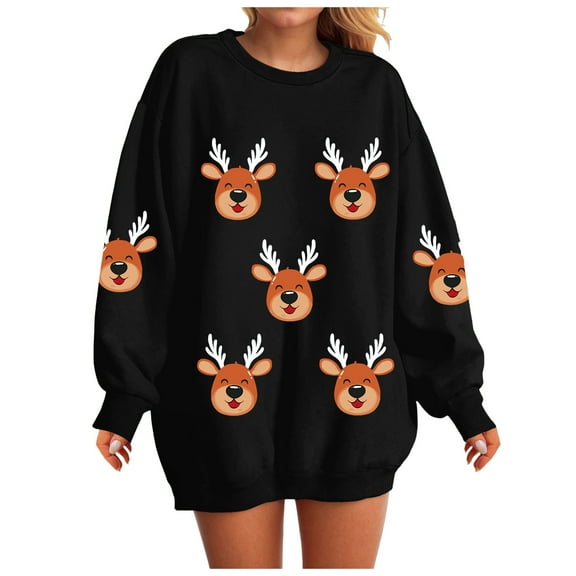 larppty Womens Oversized Christmas Sweaters Crewneck Reindeer Graphic Knit Long Sleeve Santa Xmas Pullover Sweater (Black, L)