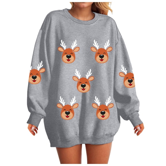 larppty Womens Oversized Christmas Sweaters Crewneck Reindeer Graphic Knit Long Sleeve Santa Xmas Pullover Sweater (Grey, M)