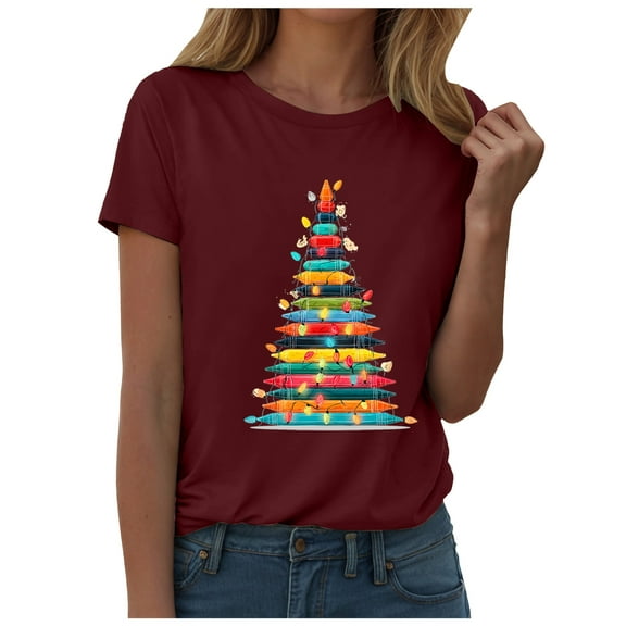 larppty Womens Oversized Graphic Tees - Christmas Lights Casual T-Shirts for Women Fashion Tops (Wine, M)