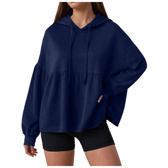 larppty Womens Oversized Hoodies Sweatshirts Casual Lantern Long Sleeve Drawstring Peplum Hem Loose Hooded Pullover Tops Fall Outfits (Blue, XXL)