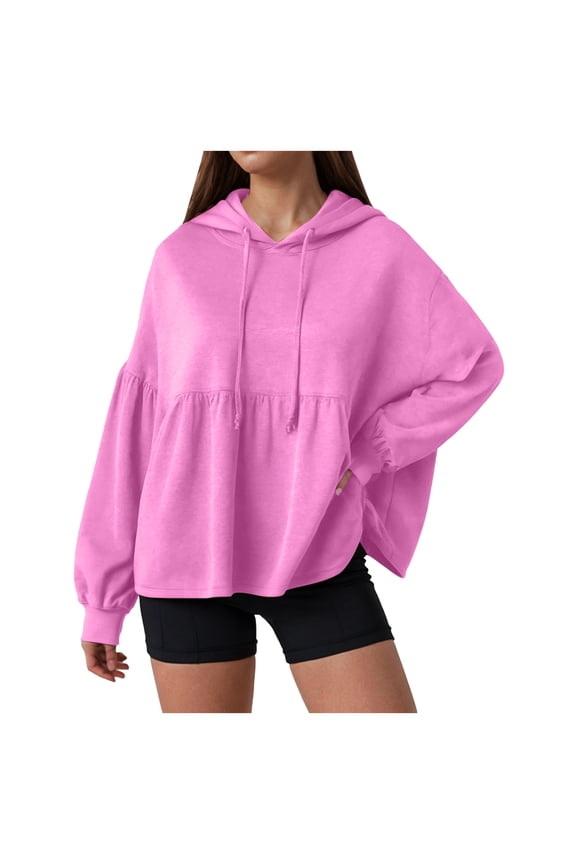 Womens Oversized Hoodies Sweatshirts Casual Lantern Long Sleeve Drawstring Peplum Hem Loose Hooded Pullover Tops Fall Outfits (Hot Pink, XXL)