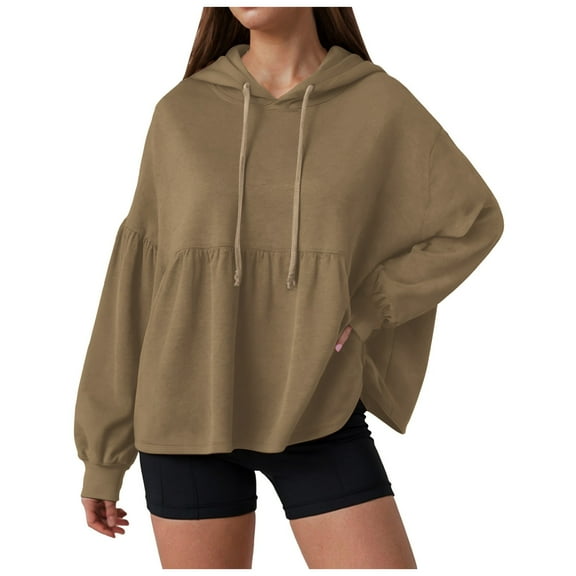 larppty Womens Oversized Hoodies Sweatshirts Casual Lantern Long Sleeve Drawstring Peplum Hem Loose Hooded Pullover Tops Fall Outfits (Khaki, XXL)