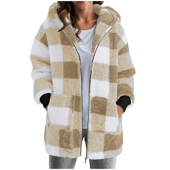 larppty Womens Oversized Sherpa Jacket Fuzzy Fleece Zip Up Jacket Warm Winter Coats Outerwear with Pockets (Khaki, XL)