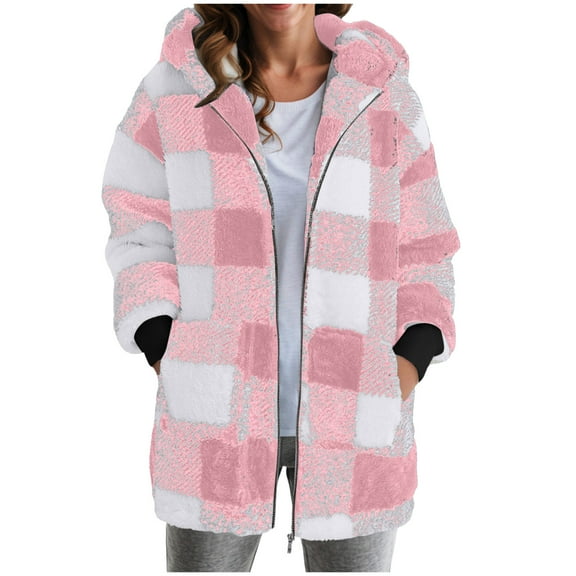 larppty Womens Oversized Sherpa Jacket Fuzzy Fleece Zip Up Jacket Warm Winter Coats Outerwear with Pockets (Pink, L)