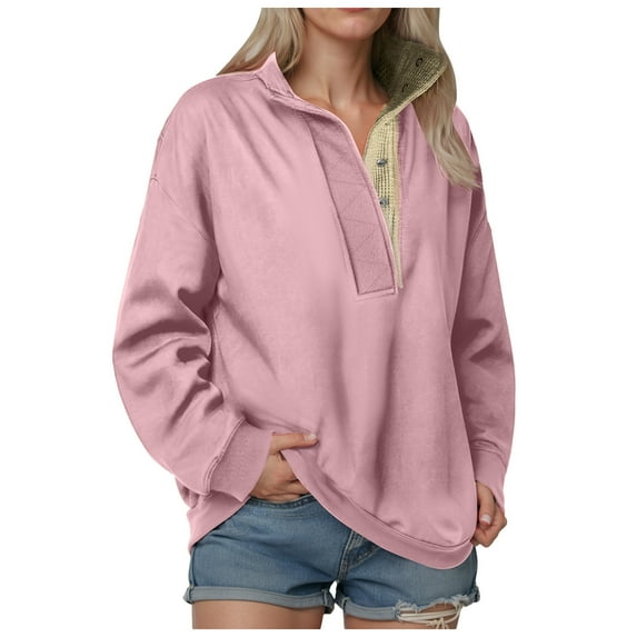 larppty Womens Oversized Sweatshirt Long Sleeve Henley Pullover Tops 2025 Fall Casual Button Loose Fit Fashion Outfits (Pink, S)