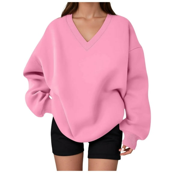 larppty Womens Oversized V Neck Sweatshirt Fleece Long Sleeve Hoodies Pullover Comfy Top Outfits 2025 Teen Clothes (Pink, M)