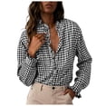 thumbnail image 1 of larppty Womens Plaid Ruffle V Neck Button Down Blouse Casual Long Sleeve Trendy Tops Work Checkered Shirt (Black, XXL), 1 of 8