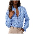 thumbnail image 1 of larppty Womens Plaid Ruffle V Neck Button Down Blouse Casual Long Sleeve Trendy Tops Work Checkered Shirt (Blue, XL), 1 of 9