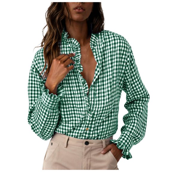 larppty Womens Plaid Ruffle V Neck Button Down Blouse Casual Long Sleeve Trendy Tops Work Checkered Shirt (Green, XXL)