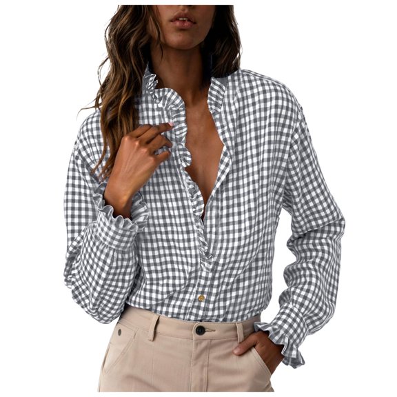 larppty Womens Plaid Ruffle V Neck Button Down Blouse Casual Long Sleeve Trendy Tops Work Checkered Shirt (Light Gray, L)