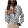 thumbnail image 1 of larppty Womens Plaid Ruffle V Neck Button Down Blouse Casual Long Sleeve Trendy Tops Work Checkered Shirt (Light Gray, S), 1 of 8