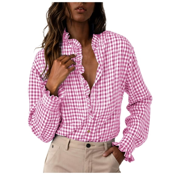 larppty Womens Plaid Ruffle V Neck Button Down Blouse Casual Long Sleeve Trendy Tops Work Checkered Shirt (Pink, M)