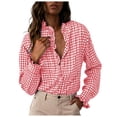 thumbnail image 1 of larppty Womens Plaid Ruffle V Neck Button Down Blouse Casual Long Sleeve Trendy Tops Work Checkered Shirt (Red, XXL), 1 of 9