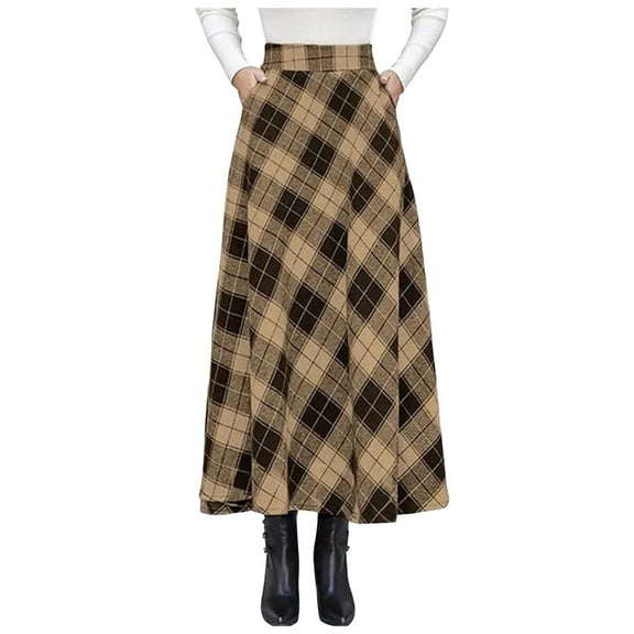 larppty Womens Plaid Skirts Elastic Waist A-Line Pleated Tartan Long Skirts（Brown，S）