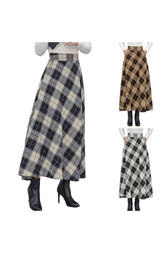 Womens Plaid Skirts Elastic Waist A-Line Pleated Tartan Long Skirts(Brown,XL)