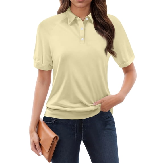 larppty Womens Polo Shirts Business Casual Work Tops Short Sleeve Button Down Collared V Neck Golf Blouse T-Shirt (Beige, L)