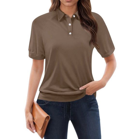 larppty Womens Polo Shirts Business Casual Work Tops Short Sleeve Button Down Collared V Neck Golf Blouse T-Shirt (Coffee, M)