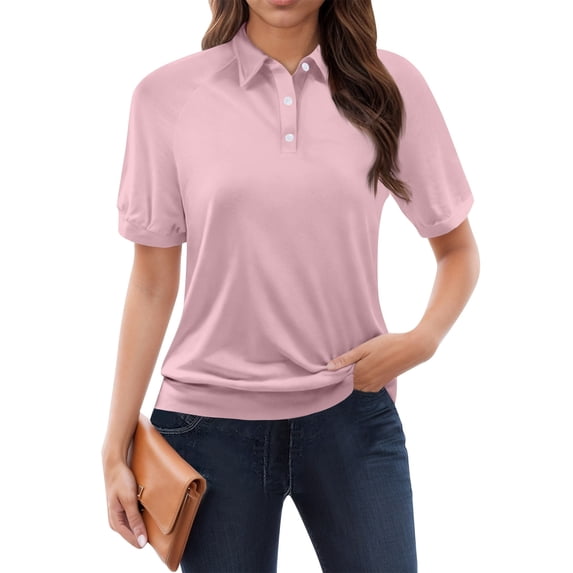 larppty Womens Polo Shirts Business Casual Work Tops Short Sleeve Button Down Collared V Neck Golf Blouse T-Shirt (Pink, XL)