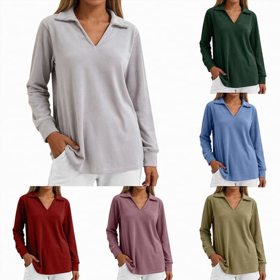 larppty Womens Polo Shirts Long Sleeve Tops Business Casual Tops Collared V Neck Blouses (Green, XXL)