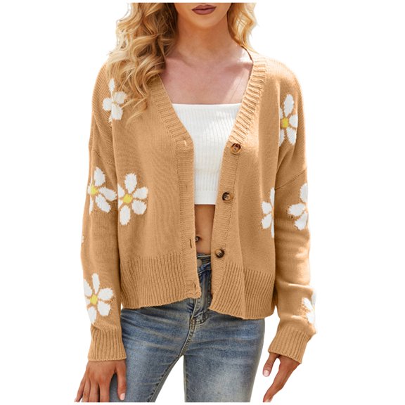 larppty Womens Ribbed Knit Cardigans Cute Graphic Daisy Button-up Jacquard Knitted Sweater Coat (Khaki, XL)