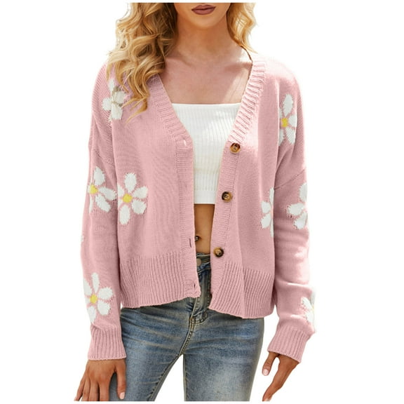 larppty Womens Ribbed Knit Cardigans Cute Graphic Daisy Button-up Jacquard Knitted Sweater Coat (Pink, XXL)