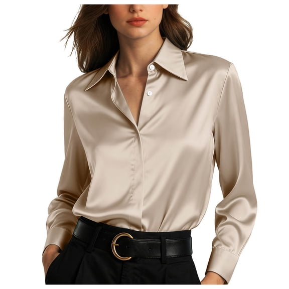 larppty Womens Satin Button Down Shirt Business Casual Long Sleeve Silk Blouse Collared Curved Hem Slim Fit Office Smooth Work Tops (Khaki, M)