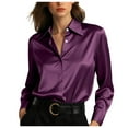 thumbnail image 1 of larppty Womens Satin Button Down Shirt Business Casual Long Sleeve Silk Blouse Collared Curved Hem Slim Fit Office Smooth Work Tops (Purple, S), 1 of 7