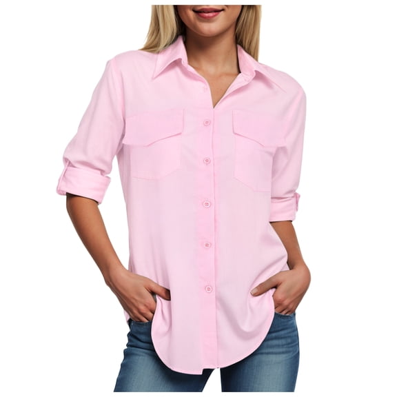 larppty Womens Soft Stretchy Shirts Long Sleeve Collared Button Down Blouses Tops (Pink, 4XL)