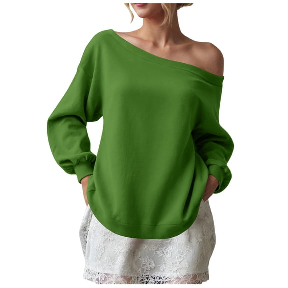larppty Womens Solid Color Off Shoulder Sweatshirt Drop Shoulder Oversized Long Sleeve Casual Basic Pullover Top (Green, L)