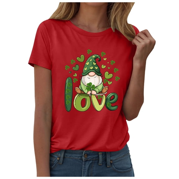 larppty Womens St Patrick's Day Clover T-Shirt Shamrock Heart Graphic Tees Get Lucky Shirt Irish Tops (Red, XXL)