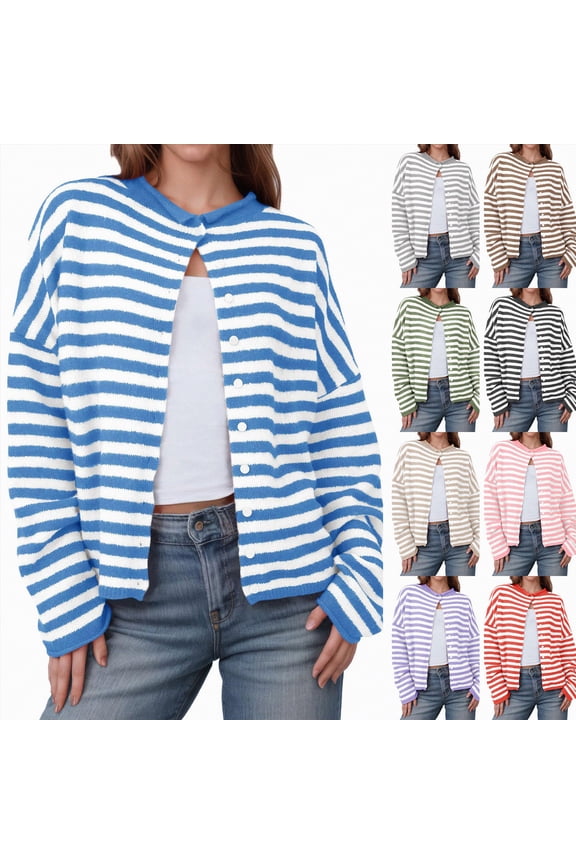 Womens Striped Cardigan Sweaters Casual Trendy Open Front Long Sleeve Button Down Lightweight Knit Sweater (Purple, M)