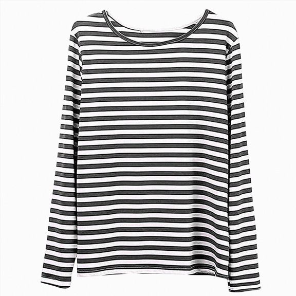 larppty Womens Striped Long Sleeve Shirts Fall Outfits 2025 Color Block Tops Fashion Clothing Loose Fit Comfy Crewneck Tee Blouses (Grey, XXL)