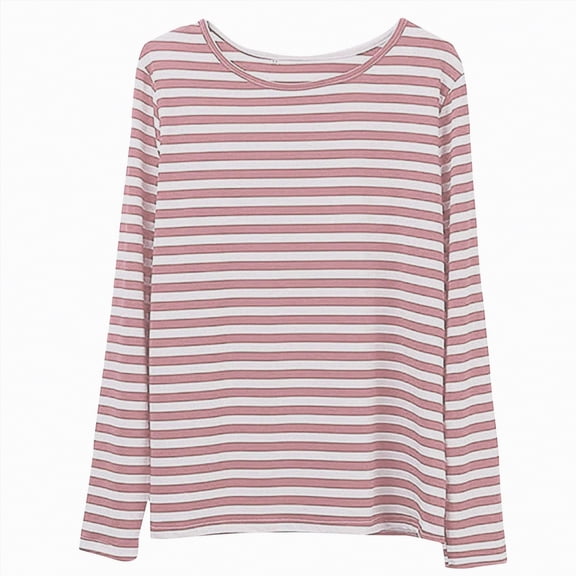 larppty Womens Striped Long Sleeve Shirts Fall Outfits 2025 Color Block Tops Fashion Clothing Loose Fit Comfy Crewneck Tee Blouses (Pink, L)