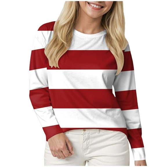 larppty Womens Striped T Shirts Long Sleeve Fall Tops Tees Loose Fit Casual Tunic Top Going Out Tops（Red，L）