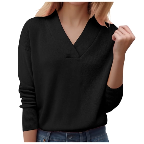 larppty Womens Sweaters Fall Fashion 2025 Long Sleeve Tops V Neck Business Casual Knit Tunic Pullover Outfits (Black, M)