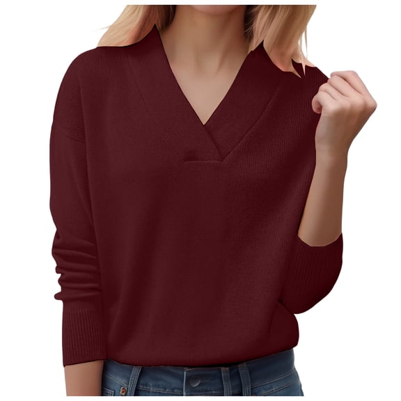 larppty Womens Sweaters Fall Fashion 2025 Long Sleeve Tops V Neck Business Casual Knit Tunic Pullover Outfits (Wine, M)