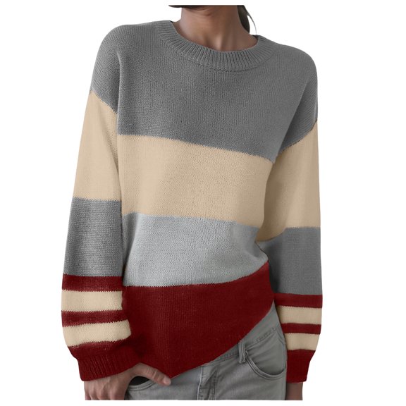 larppty Womens Sweaters Striped Fall Winter Outfits 2025 Crewneck Color Block Pullover Fashion Clothes (Grey, XXL)
