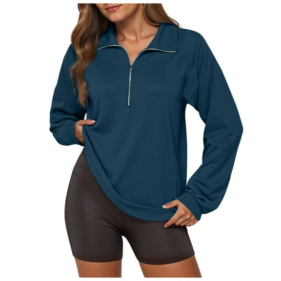 larppty Womens Sweatshirt Long Sleeve Lapel Half Zip Up Casual Lightweight Soft Sweatshirts Loose Pullover Tops (Navy, M)